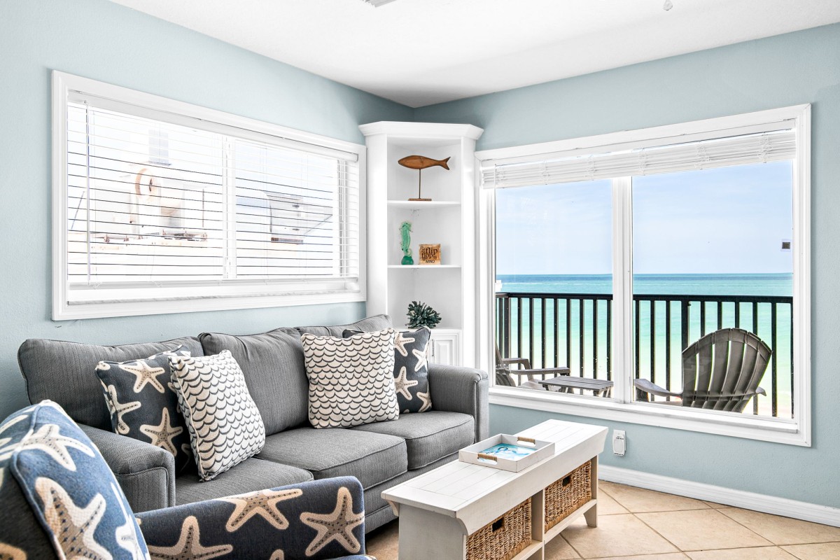 Looking directly at the beach from the living room of Beach House Resort number 9 