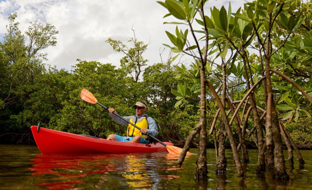 Man in red kayak